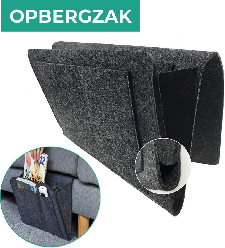 QUVIO bank organizer voor bed en bank in grijs vilt met vakken voor afstandsbediening en telefoon